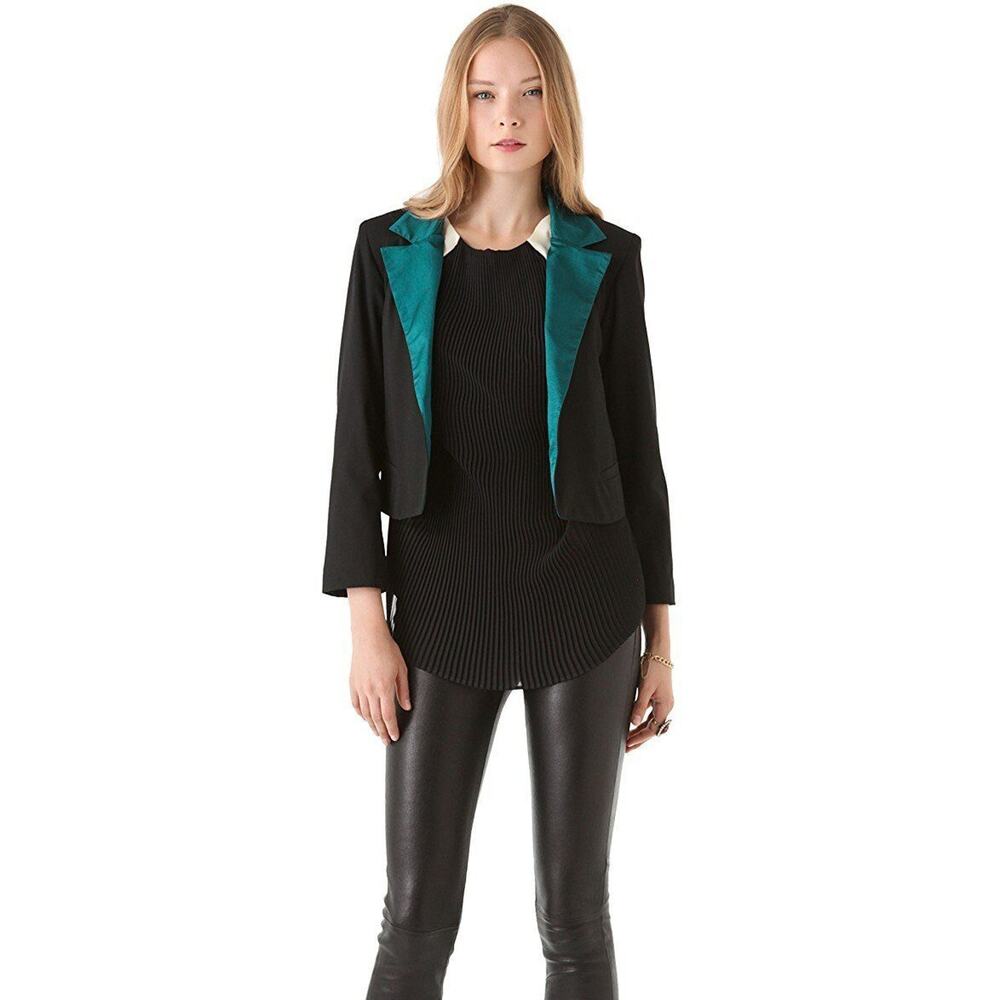 $396 Heidi Merrick Black Silk Teal Collar Shaun Tuxedo Jacket Blazer 8 NEW H271